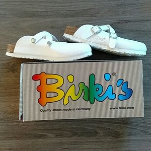 Birki's Dorian White Leather Cork Footbed Clogs